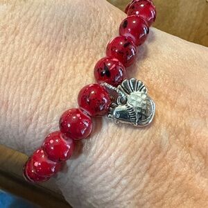 Crimson Beaded Bracelet with Silver Rooster Charm